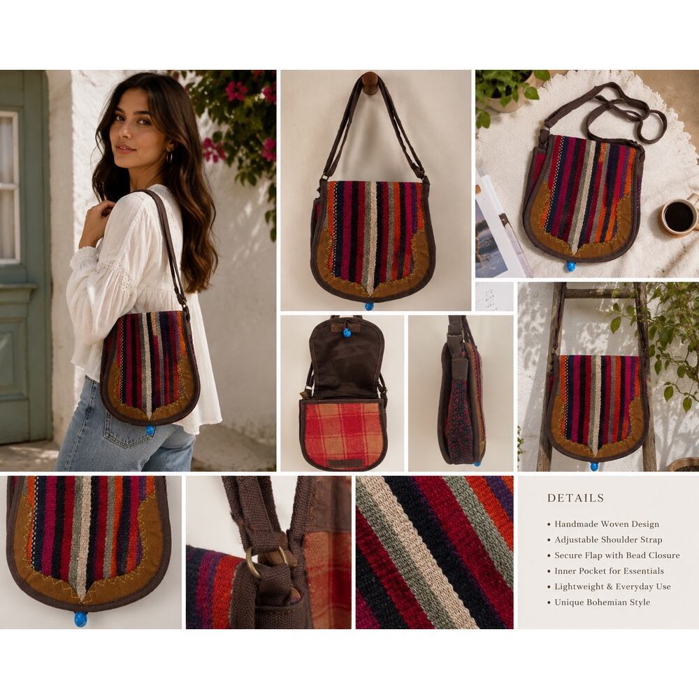 Handmade Boho Crossbody Bag Woven Kilim Shoulder Purse Ethnic Festival Tote - Picture 10 of 11